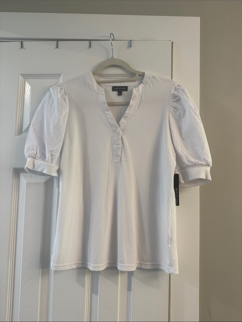 White Puff-Sleeve Ribbed Henley Top